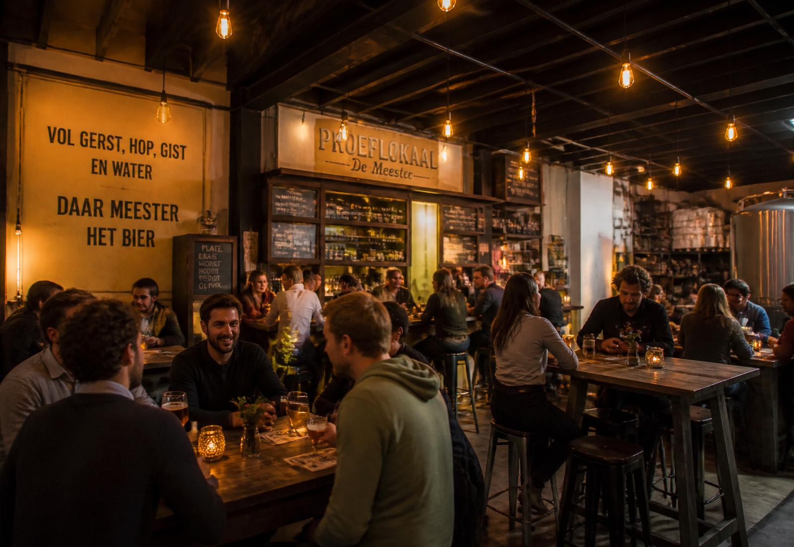 Proeflokaal van brouwerij Dampegheest met gasten aan houten tafels